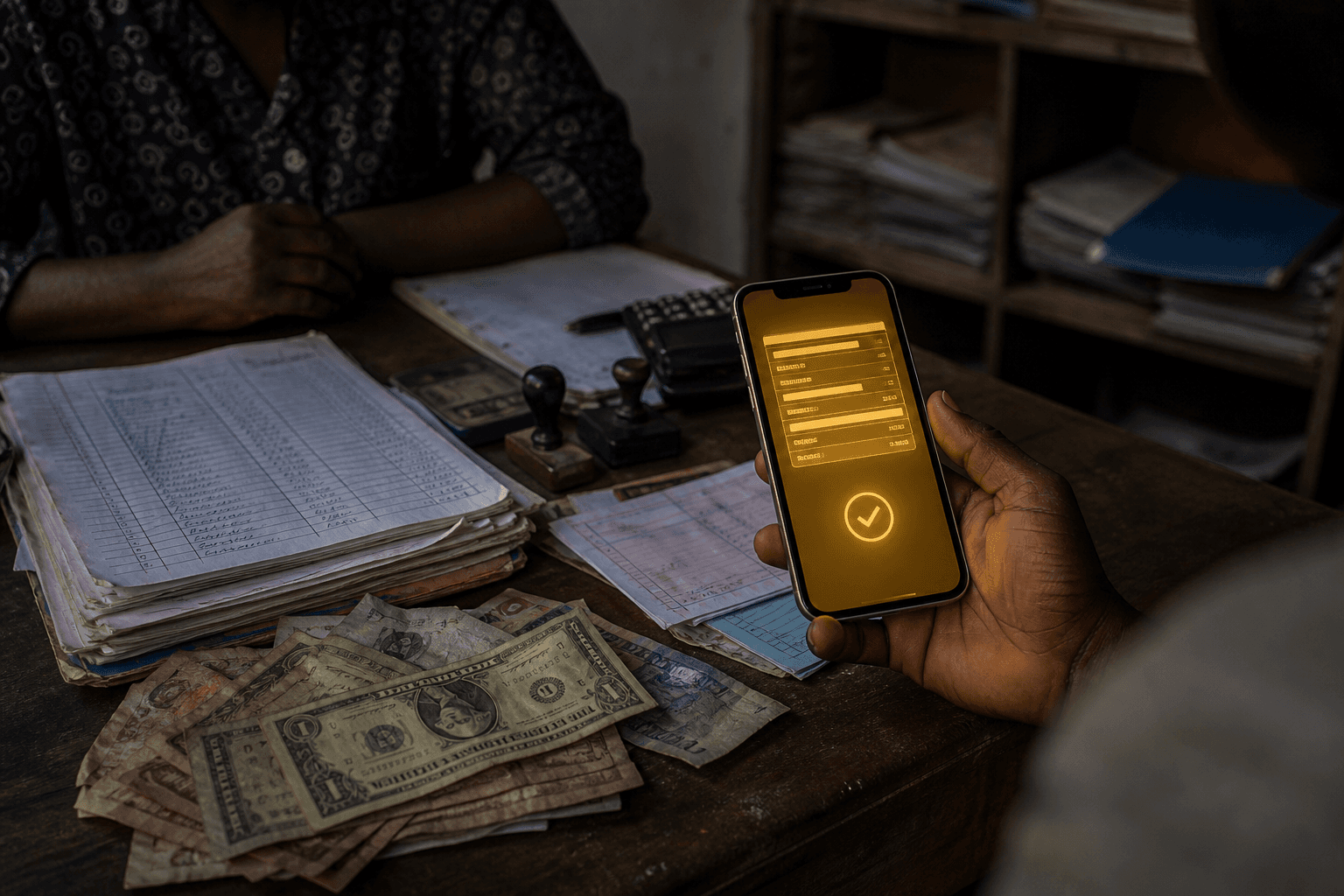 A bursar desk in Kinshasa with handwritten fee registers, mixed CDF and USD notes, and a phone showing a digital invoice.