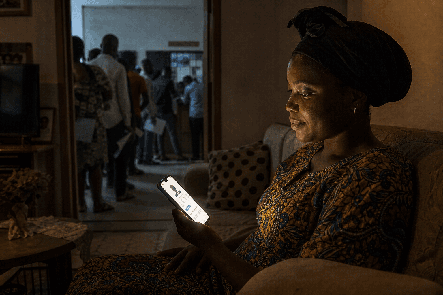 A Kinshasa parent checking a school portal on her phone at home, with an office queue faded in the background.