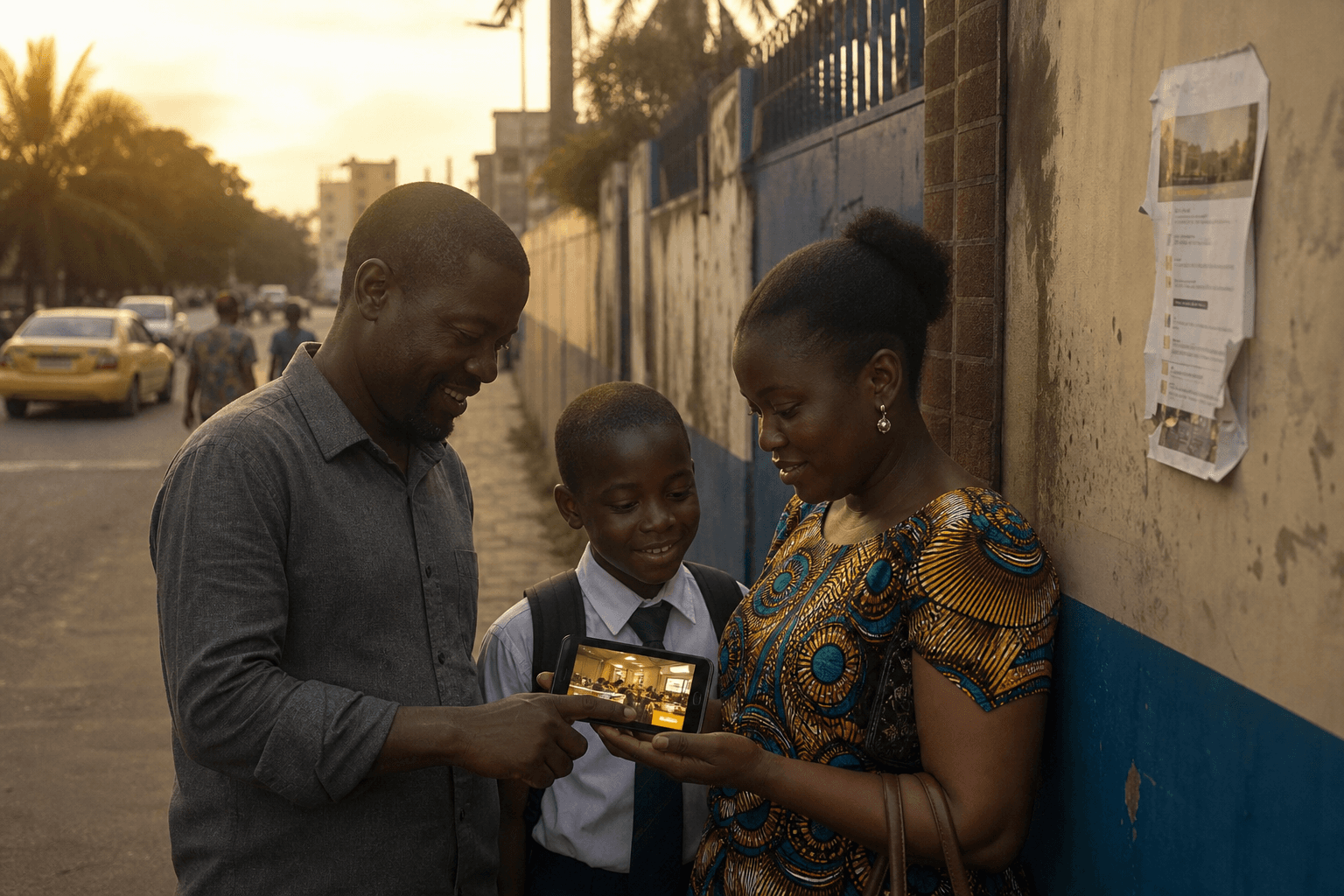 A Kinshasa family on the sidewalk looking at a school website on a phone, with a torn paper admissions notice on the wall behind them.
